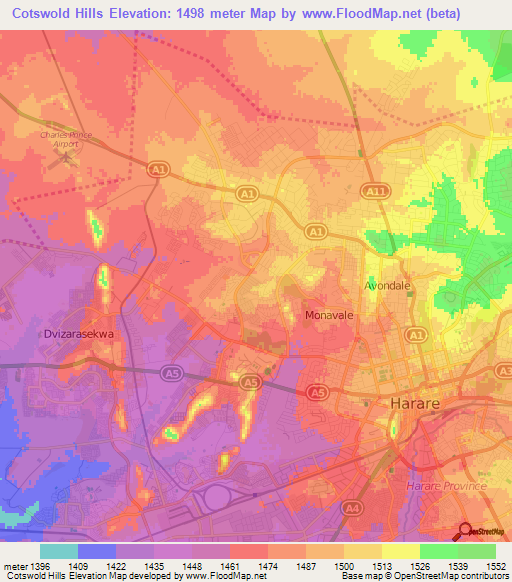 Elevation of Cotswold Hills,Zimbabwe Elevation Map, Topography, Contour
