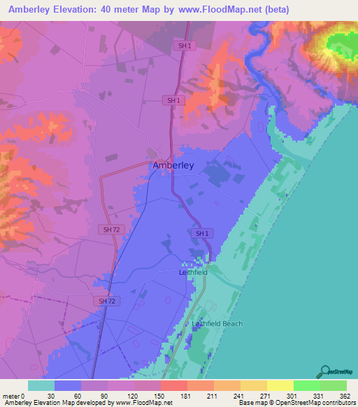 Elevation of Amberley,New Zealand Elevation Map, Topography, Contour