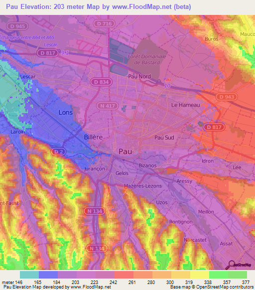 Elevation of Pau,France Elevation Map, Topography, Contour