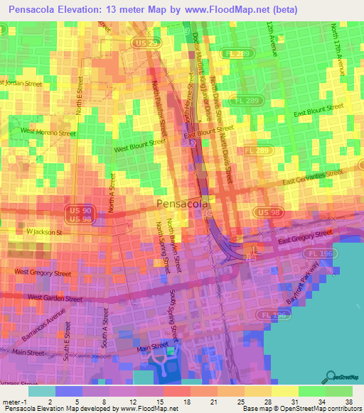 Elevation of Pensacola,US Elevation Map, Topography, Contour