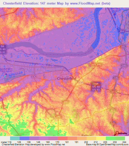 Elevation of Chesterfield,US Elevation Map, Topography, Contour