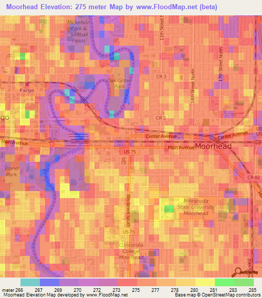 Elevation of Moorhead,US Elevation Map, Topography, Contour