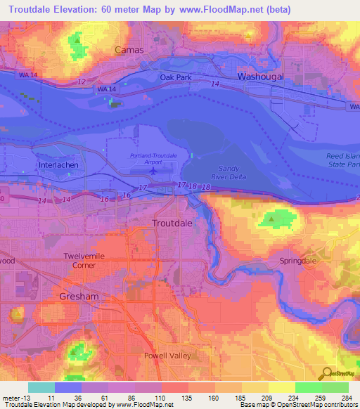 Elevation of Troutdale,US Elevation Map, Topography, Contour