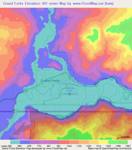 Elevation of Grand Forks,Canada Elevation Map, Topography, Contour