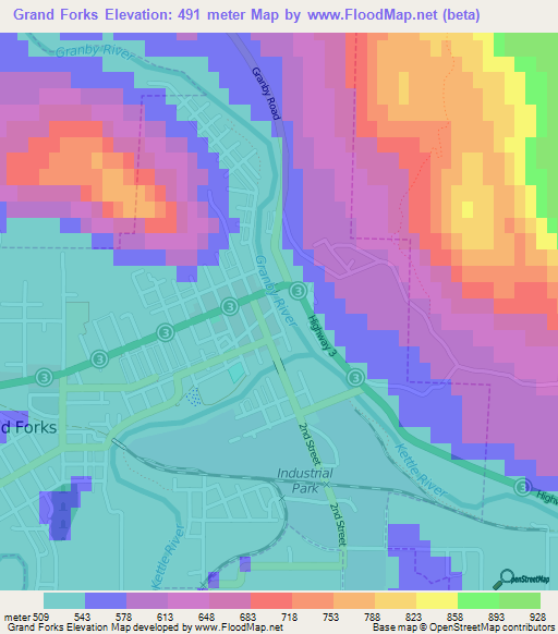 Elevation of Grand Forks,Canada Elevation Map, Topography, Contour