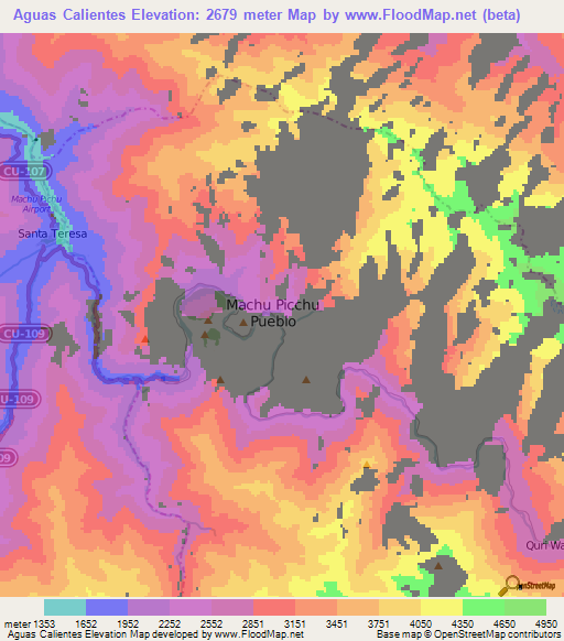 Elevation of Aguas Calientes,Peru Elevation Map, Topography, Contour