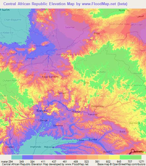 Central African Republic Elevation Map