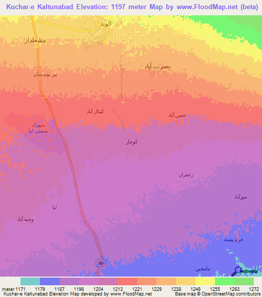 Kuchar-e Kaltunabad,Iran Elevation Map