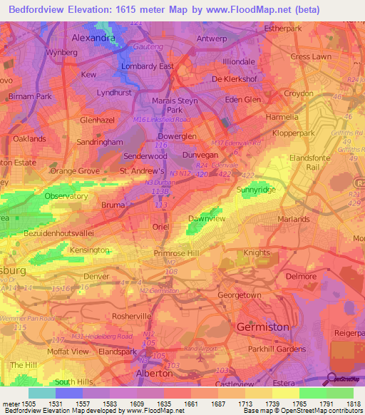 Bedfordview,South Africa Elevation Map