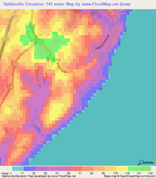 Ballitoville,South Africa Elevation Map