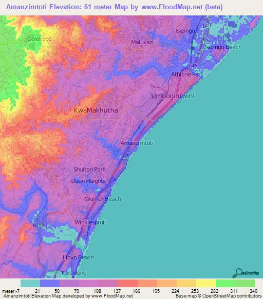 Amanzimtoti,South Africa Elevation Map