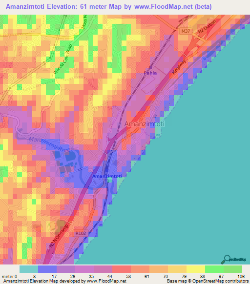 Amanzimtoti,South Africa Elevation Map
