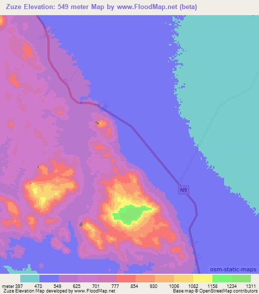 Zuze,Mozambique Elevation Map