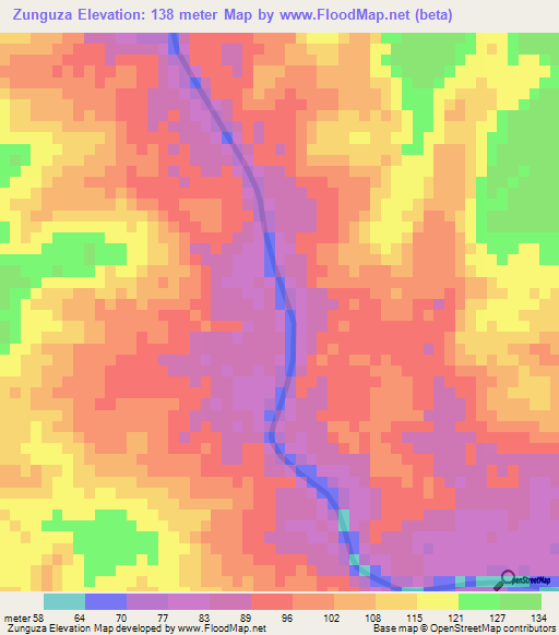 Zunguza,Mozambique Elevation Map