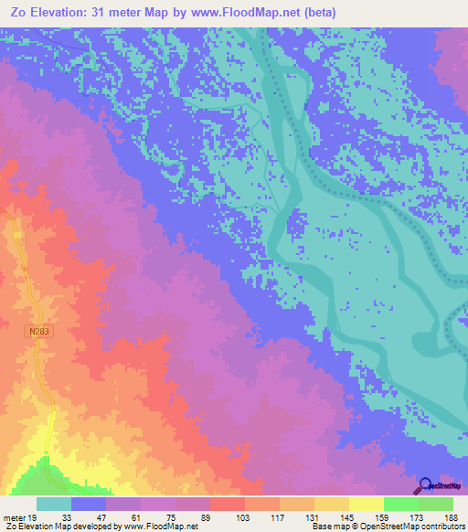 Zo,Mozambique Elevation Map
