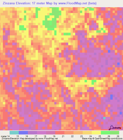 Zinzana,Mozambique Elevation Map