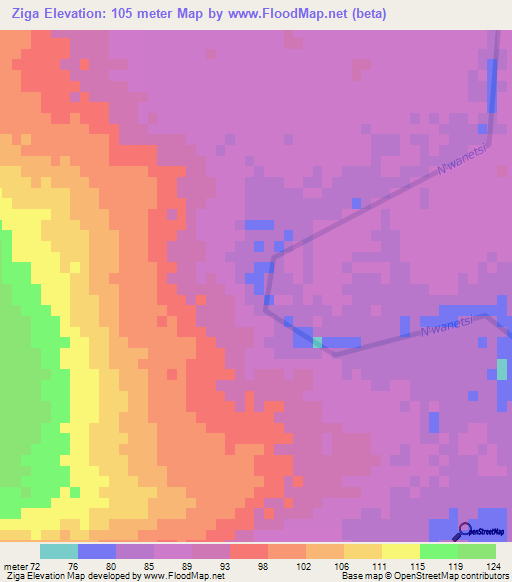 Ziga,Mozambique Elevation Map