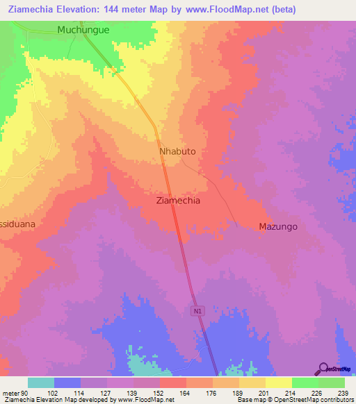 Ziamechia,Mozambique Elevation Map