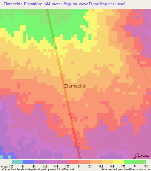 Ziamechia,Mozambique Elevation Map