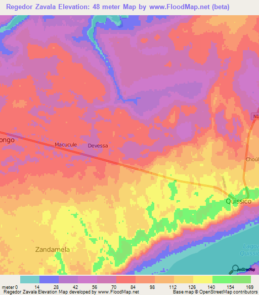 Regedor Zavala,Mozambique Elevation Map