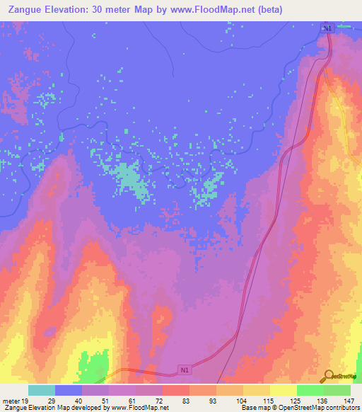 Zangue,Mozambique Elevation Map