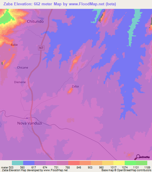 Zaba,Mozambique Elevation Map