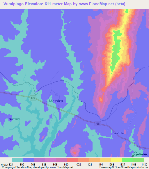 Vuraipingo,Mozambique Elevation Map