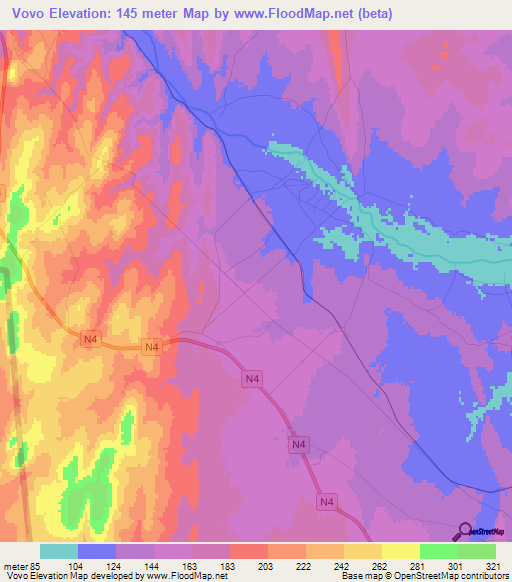 Vovo,Mozambique Elevation Map