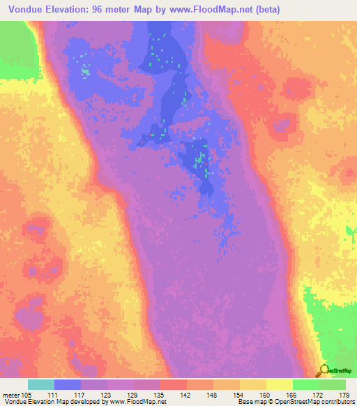 Vondue,Mozambique Elevation Map