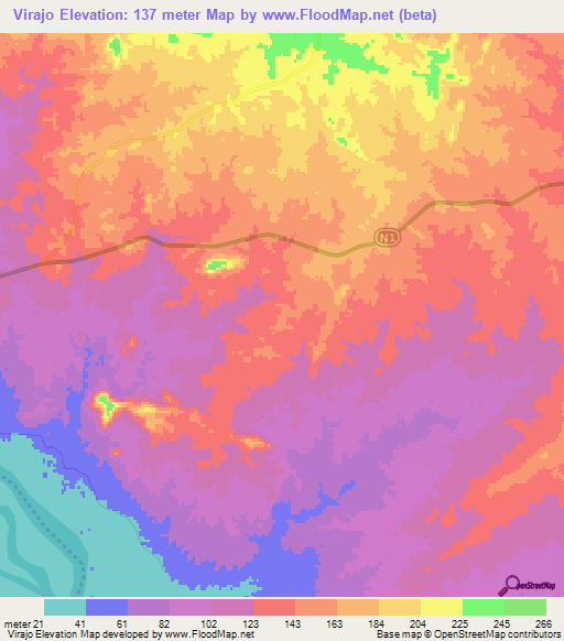 Virajo,Mozambique Elevation Map