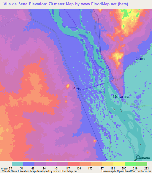 Vila de Sena,Mozambique Elevation Map