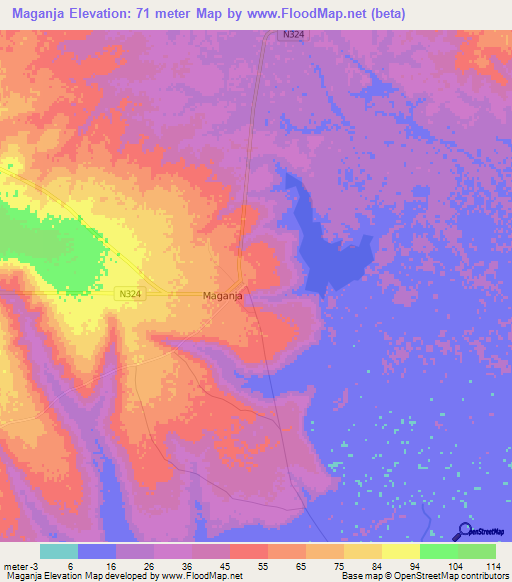 Maganja,Mozambique Elevation Map