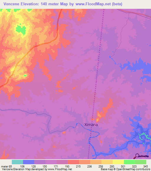 Vencene,Mozambique Elevation Map