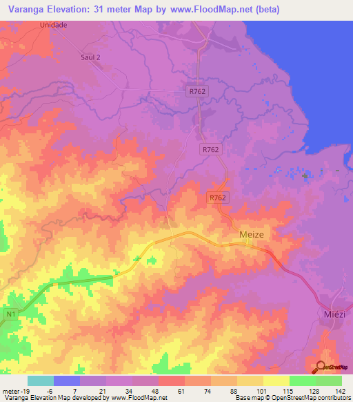Varanga,Mozambique Elevation Map