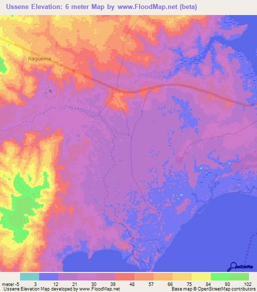 Ussene,Mozambique Elevation Map