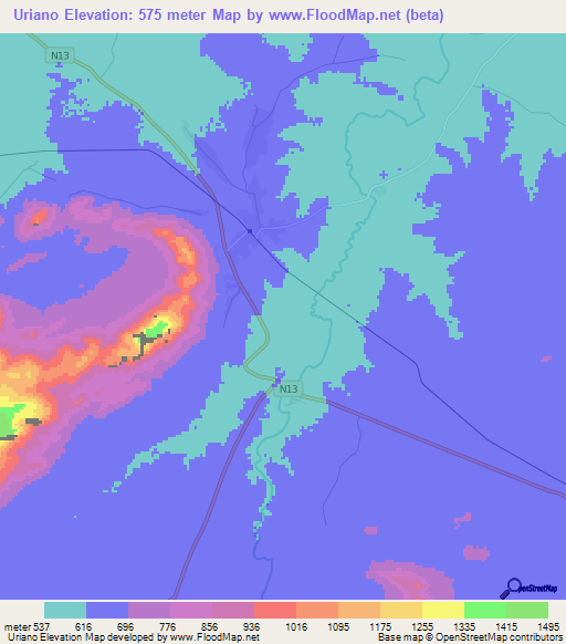 Uriano,Mozambique Elevation Map