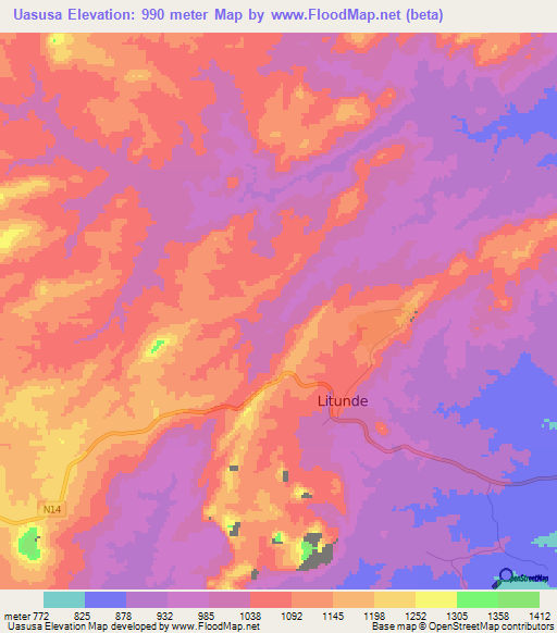 Uasusa,Mozambique Elevation Map