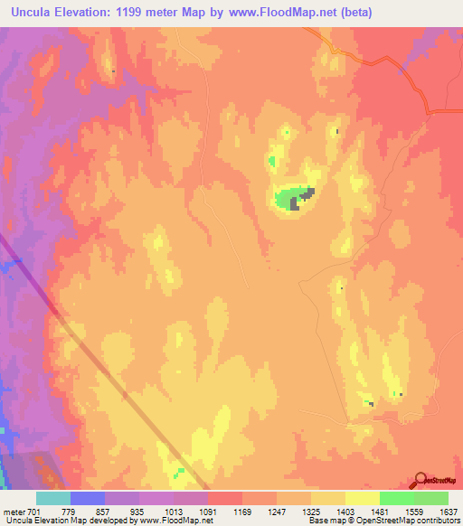 Uncula,Mozambique Elevation Map