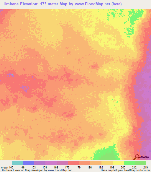 Umbane,Mozambique Elevation Map