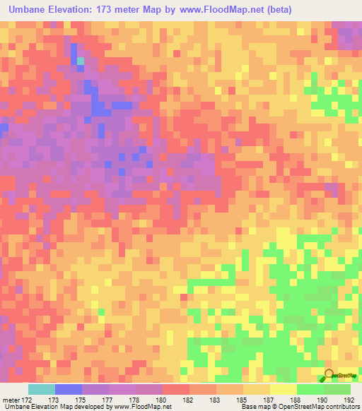 Umbane,Mozambique Elevation Map