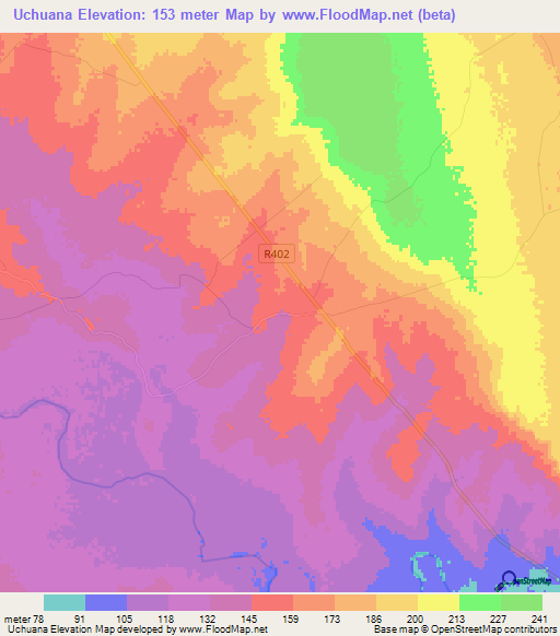 Uchuana,Mozambique Elevation Map