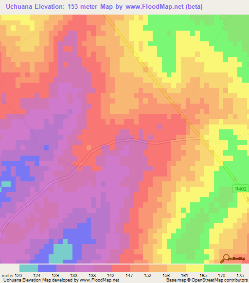 Uchuana,Mozambique Elevation Map