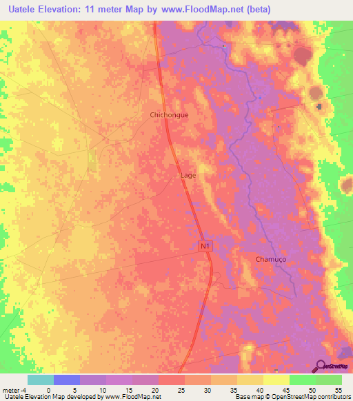 Uatele,Mozambique Elevation Map