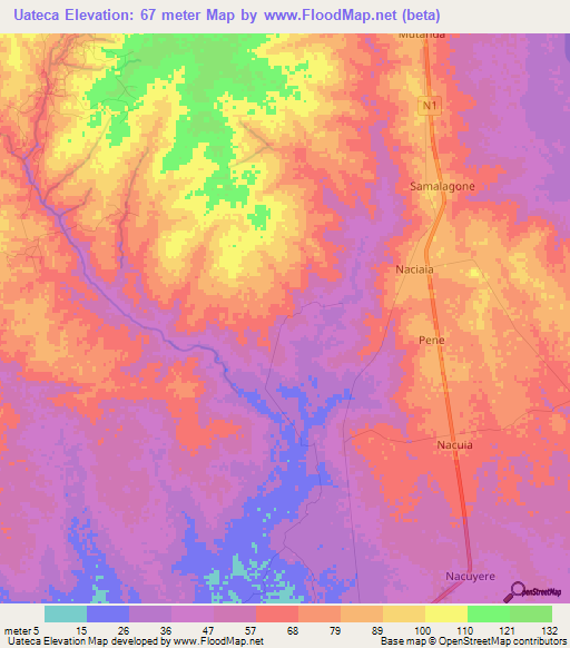 Uateca,Mozambique Elevation Map