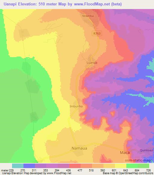 Uanapi,Mozambique Elevation Map