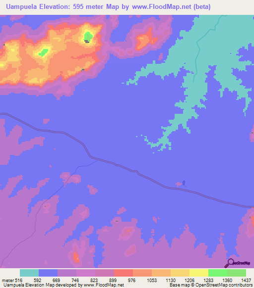 Uampuela,Mozambique Elevation Map