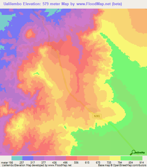 Ualilembo,Mozambique Elevation Map