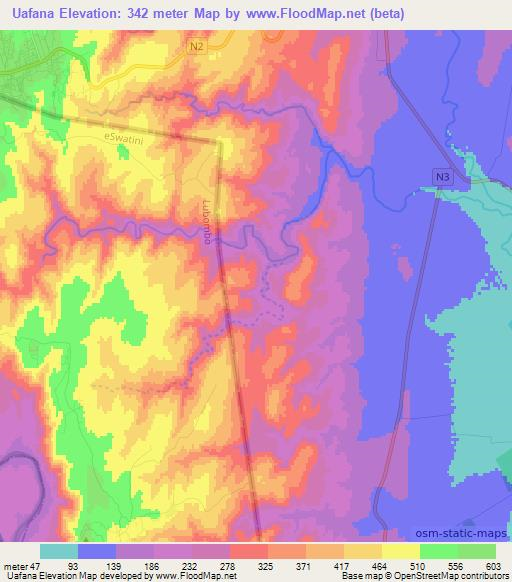 Uafana,Mozambique Elevation Map