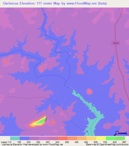 Uachecua,Mozambique Elevation Map