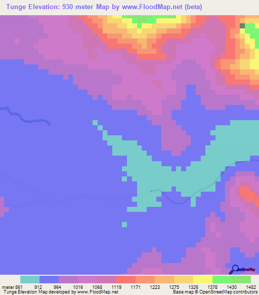 Tunge,Mozambique Elevation Map
